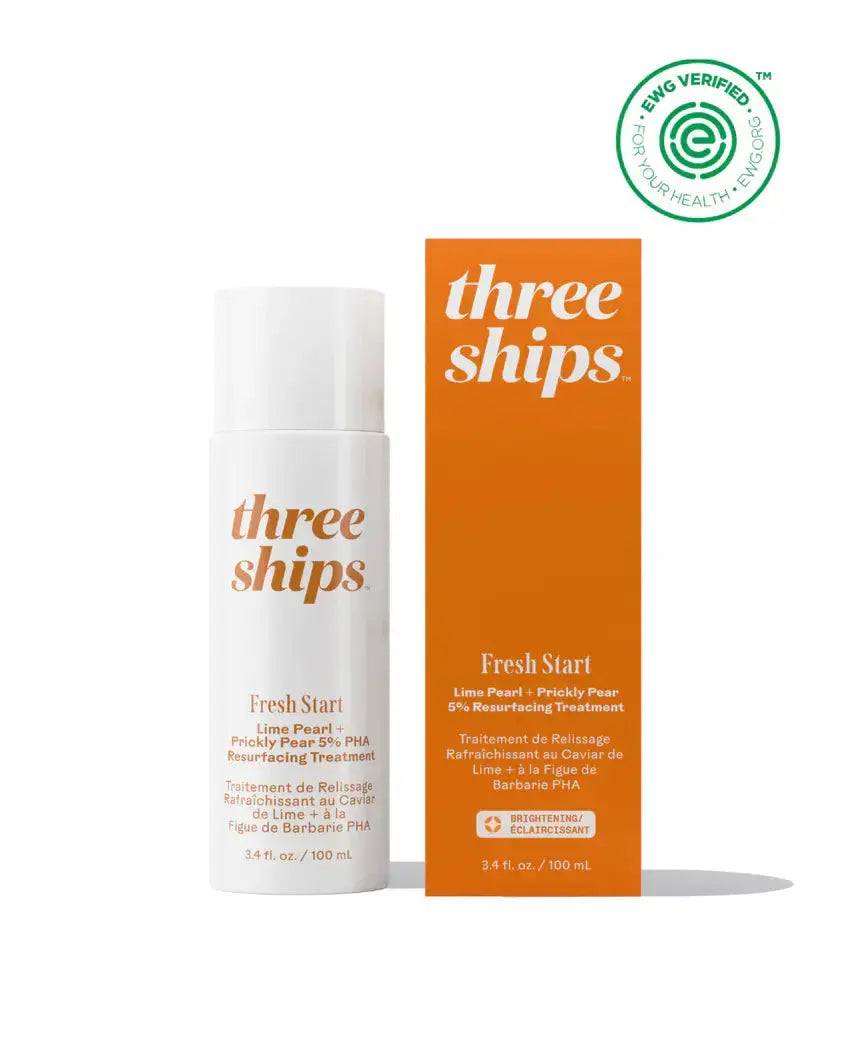 Three Ships Fresh Start Lime Pearl and Prickly Pear 5% PHA resurfacing treatment in a skincare bottle with lime and prickly pear ingredients