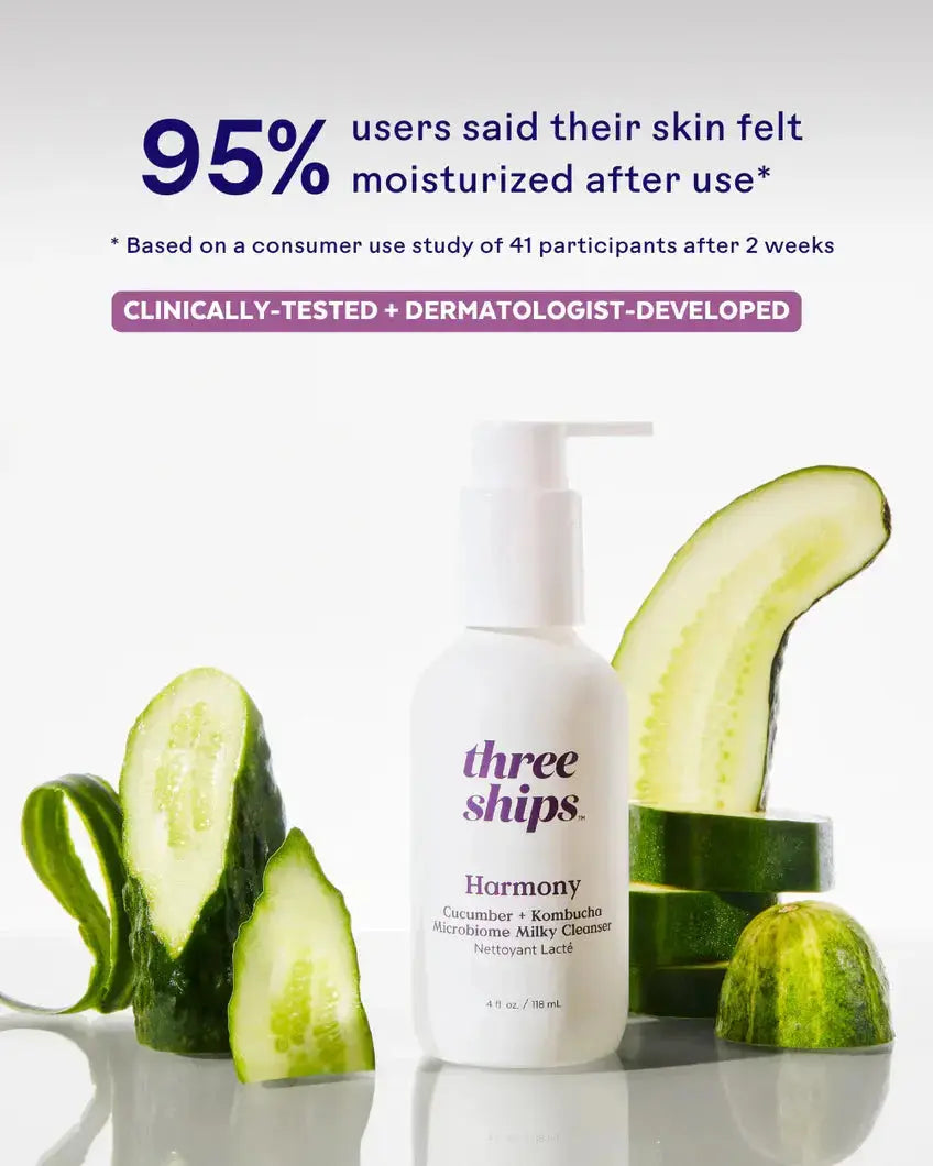 Three Ships Harmony Balancing Cleanser in a white pump bottle, skincare product with a minimalist label and calming design.
