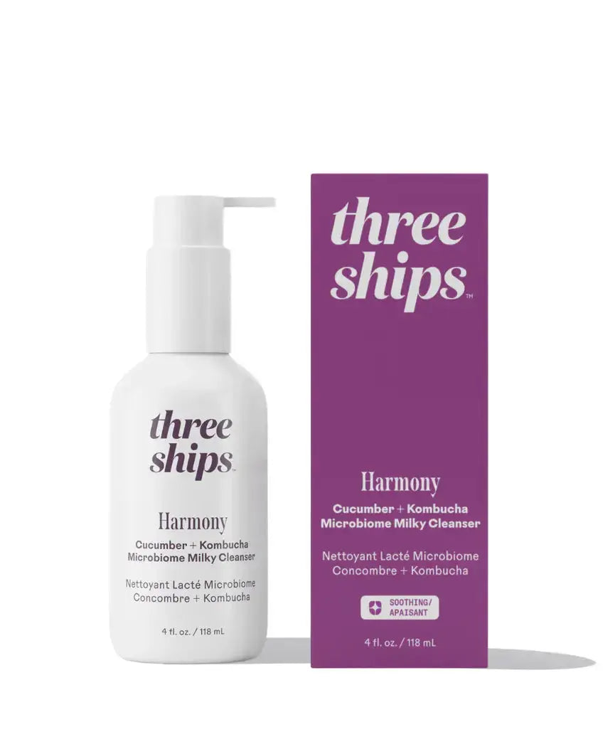Three Ships Harmony Balancing Cleanser in a sleek bottle, showcasing its gentle skincare formula for balanced skin.