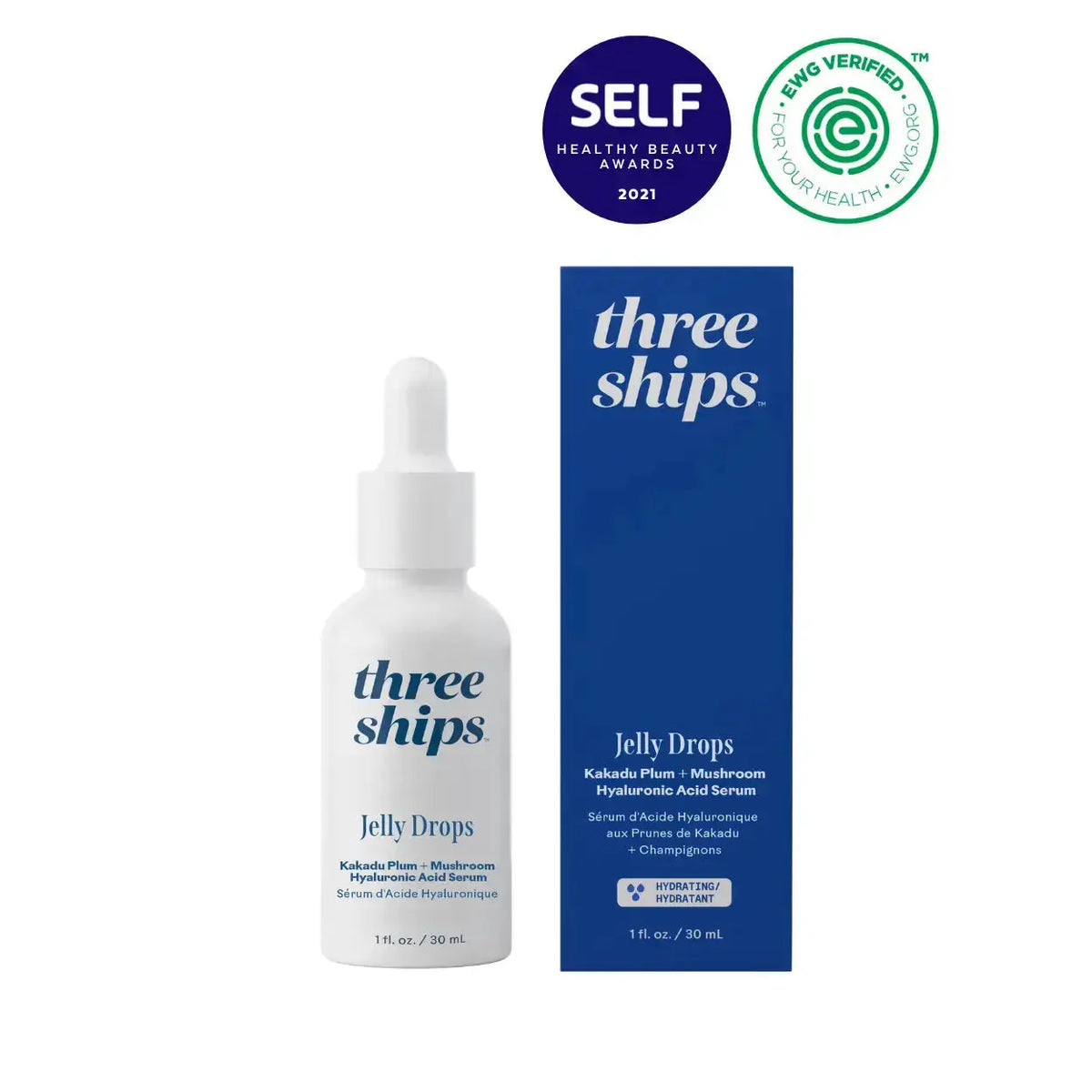 Three Ships Jelly Drops Kakadu Plum and Mushroom Hyaluronic Acid Serum in a clear skincare bottle with a pump dispenser.