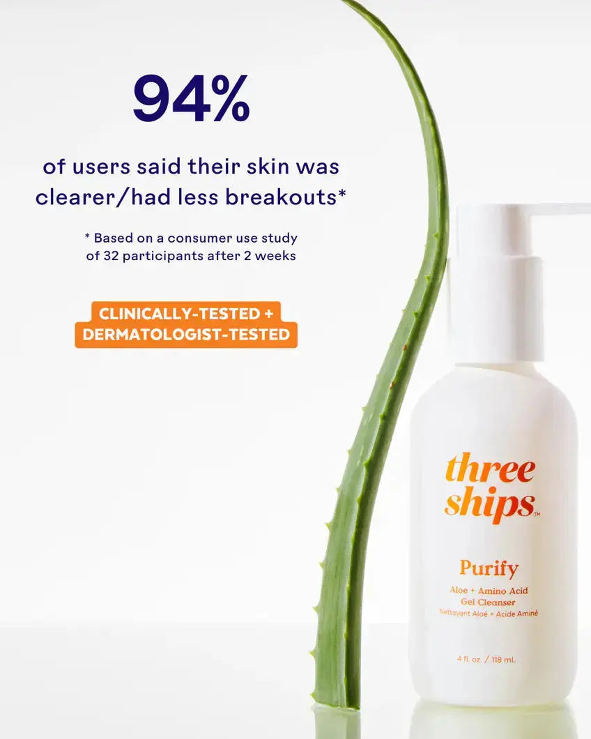 Three Ships Purify Gel Cleanser for skincare, featuring a clear gel formula in a white tube.