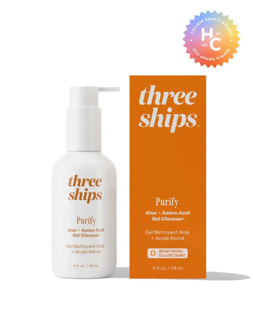 Three Ships Purify Gel Cleanser for skincare, showing the clear gel formula in a sleek pump bottle.