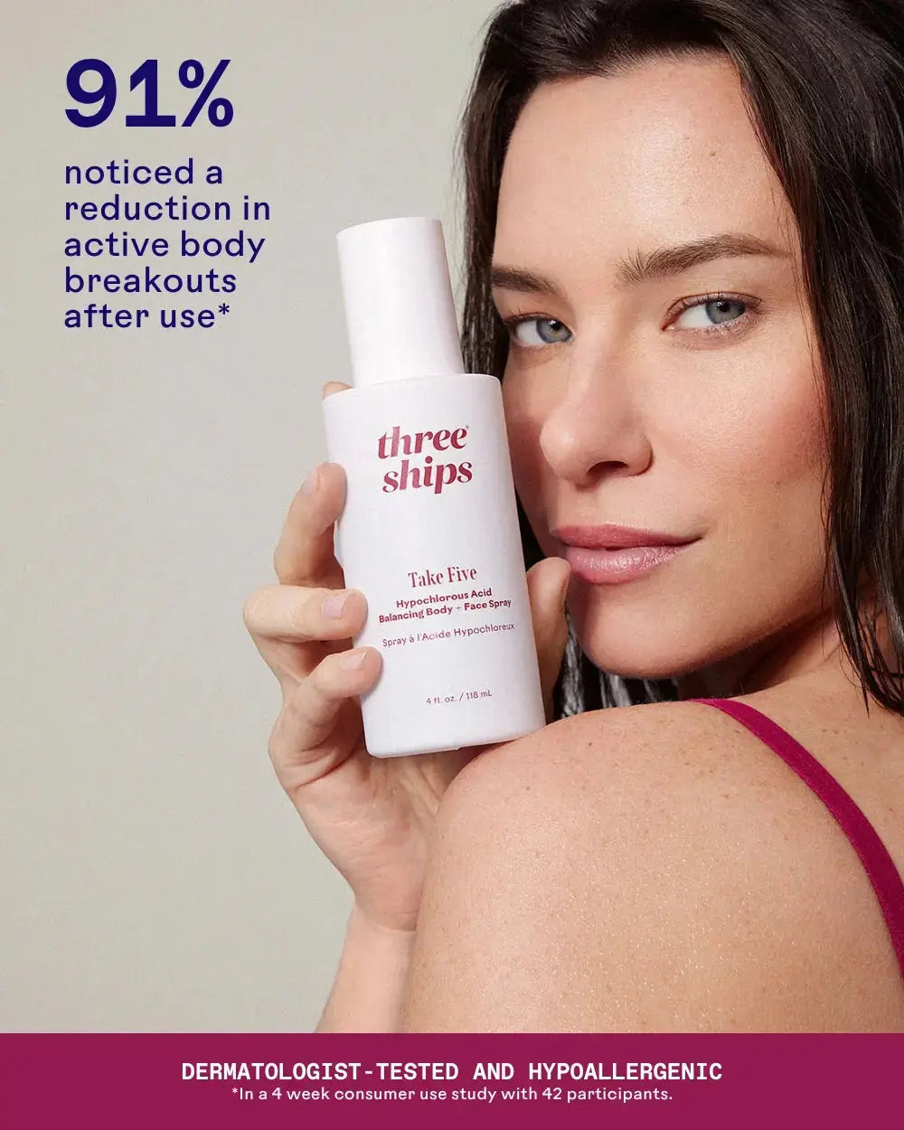 Three Ships Take Five Hypochlorous Acid Spray for skincare, featuring a clear spray bottle with a minimalist label.