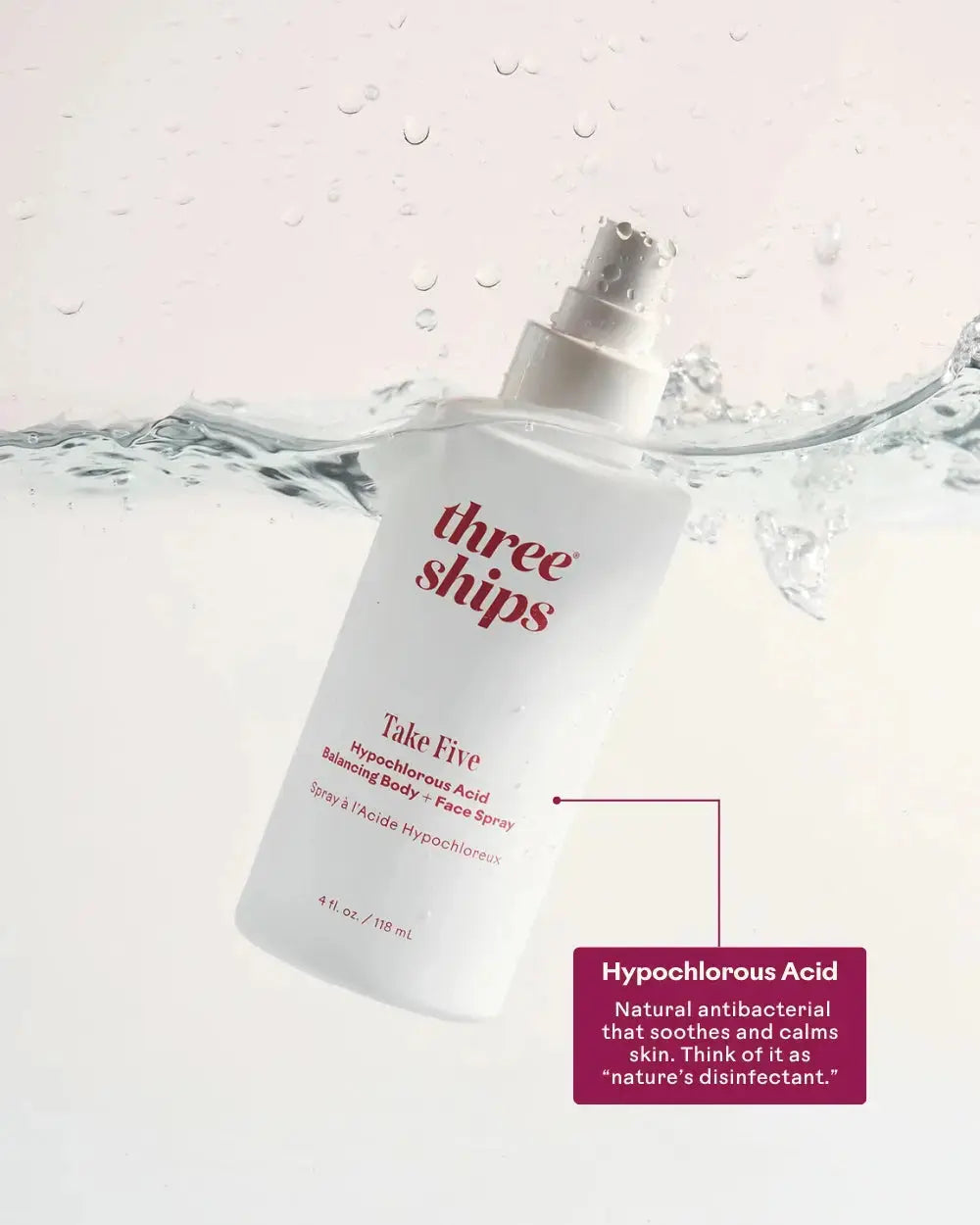 Three Ships Take Five Hypochlorous Acid Spray in a clear spray bottle, skincare product for soothing and refreshing skin.