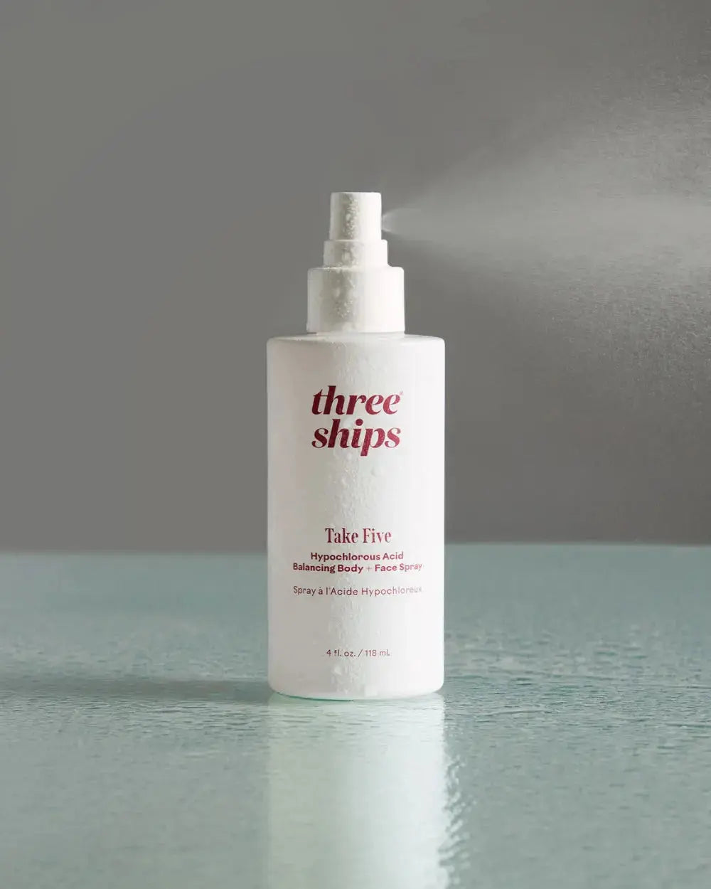 Three Ships Take Five Hypochlorous Acid Spray in a sleek skincare bottle, designed for gentle skin cleansing and soothing.