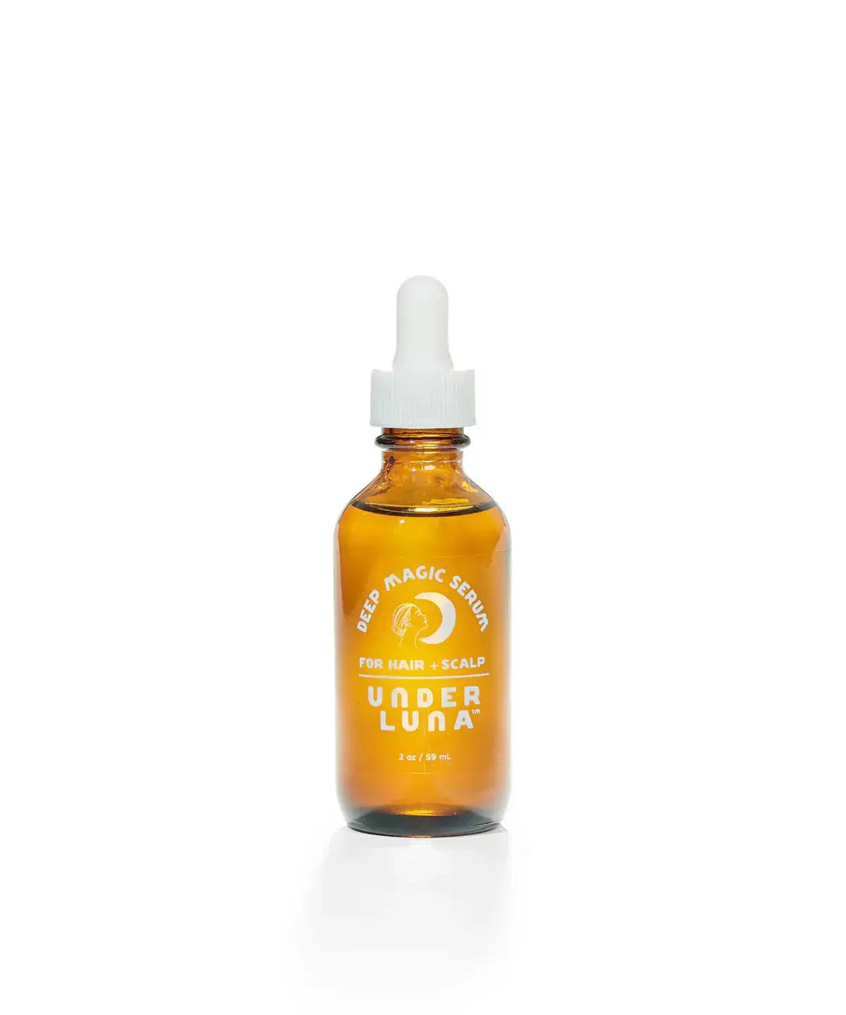 Under Luna Deep Magic Hair and Scalp Serum in a 2 oz bottle, featuring a clear liquid formula for nourishing hair and scalp health.