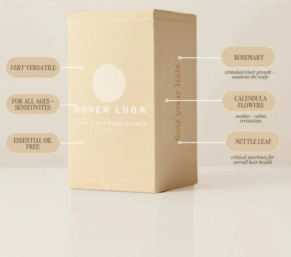 Under Luna Luna Clear Conditioner in a 2oz bottle, suitable for all hair types and sensitivities, with a clean, calming design.