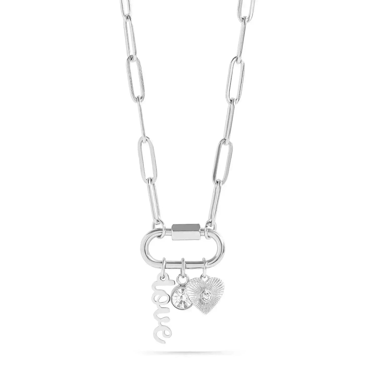 Gold Love Paperclip Charm Necklace by WJW featuring a sleek, modern paperclip design with a heart-shaped charm.