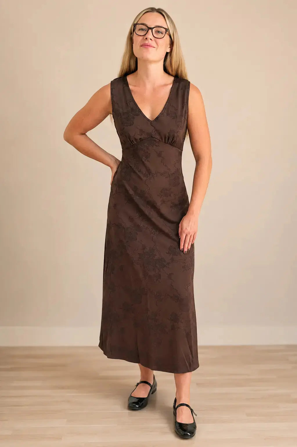 Zoe & Claire Fleur Satin Dress in extra small size, showcasing elegant fabric and stylish design on a model.