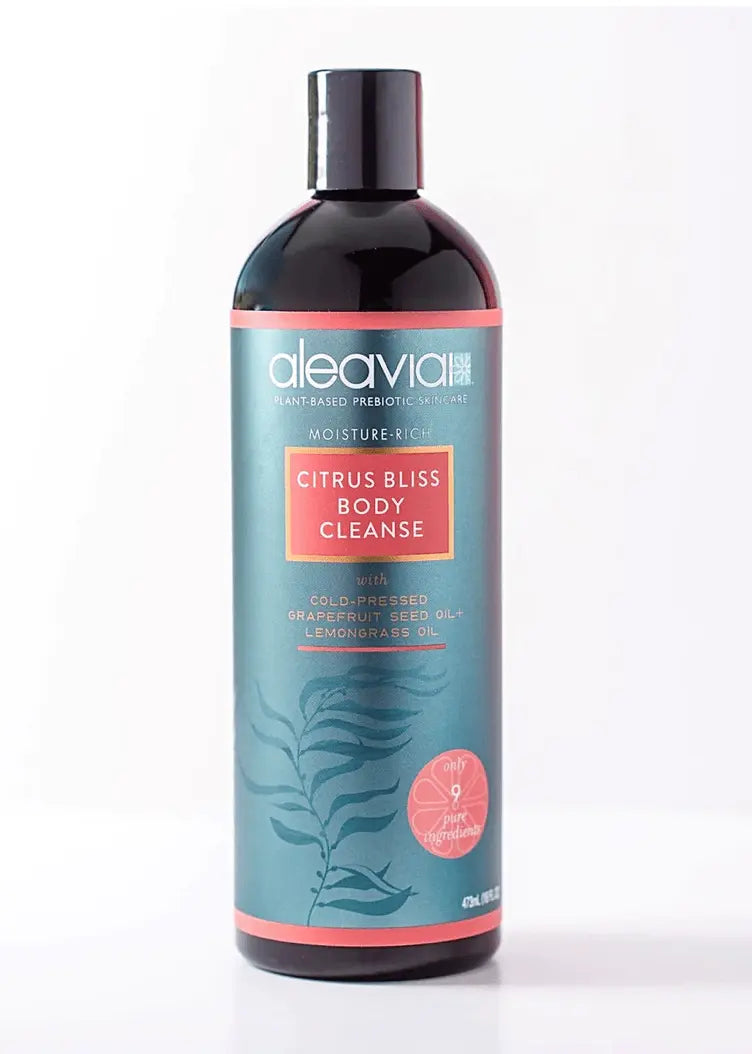 Aleavia Citrus Bliss Prebiotic Body Wash in 16oz bottle, natural body cleanser with citrus scent and prebiotic ingredients.