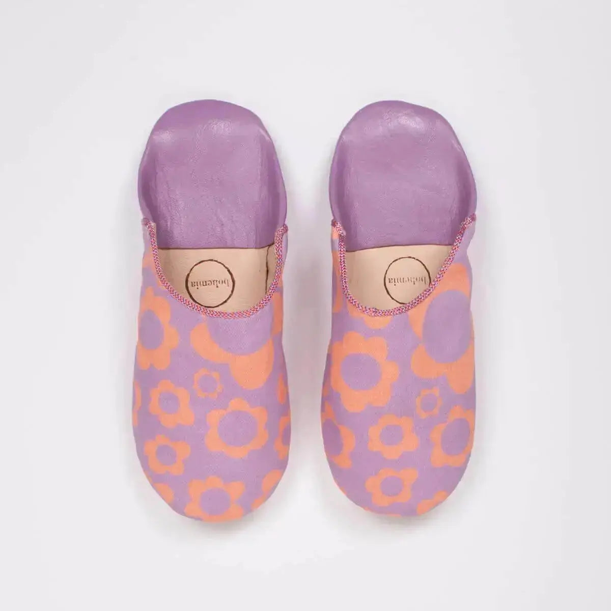 Lilac Margot floral Moroccan leather slippers by Bohemia Design, featuring intricate floral patterns and traditional craftsmanship.