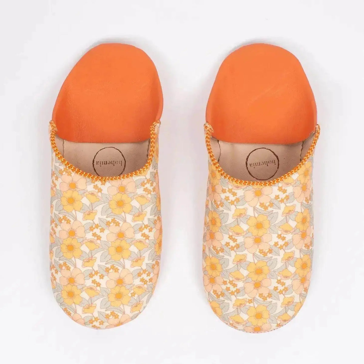 Lilac Margot floral Moroccan leather slippers by Bohemia Design featuring intricate floral patterns and comfortable slip-on style.