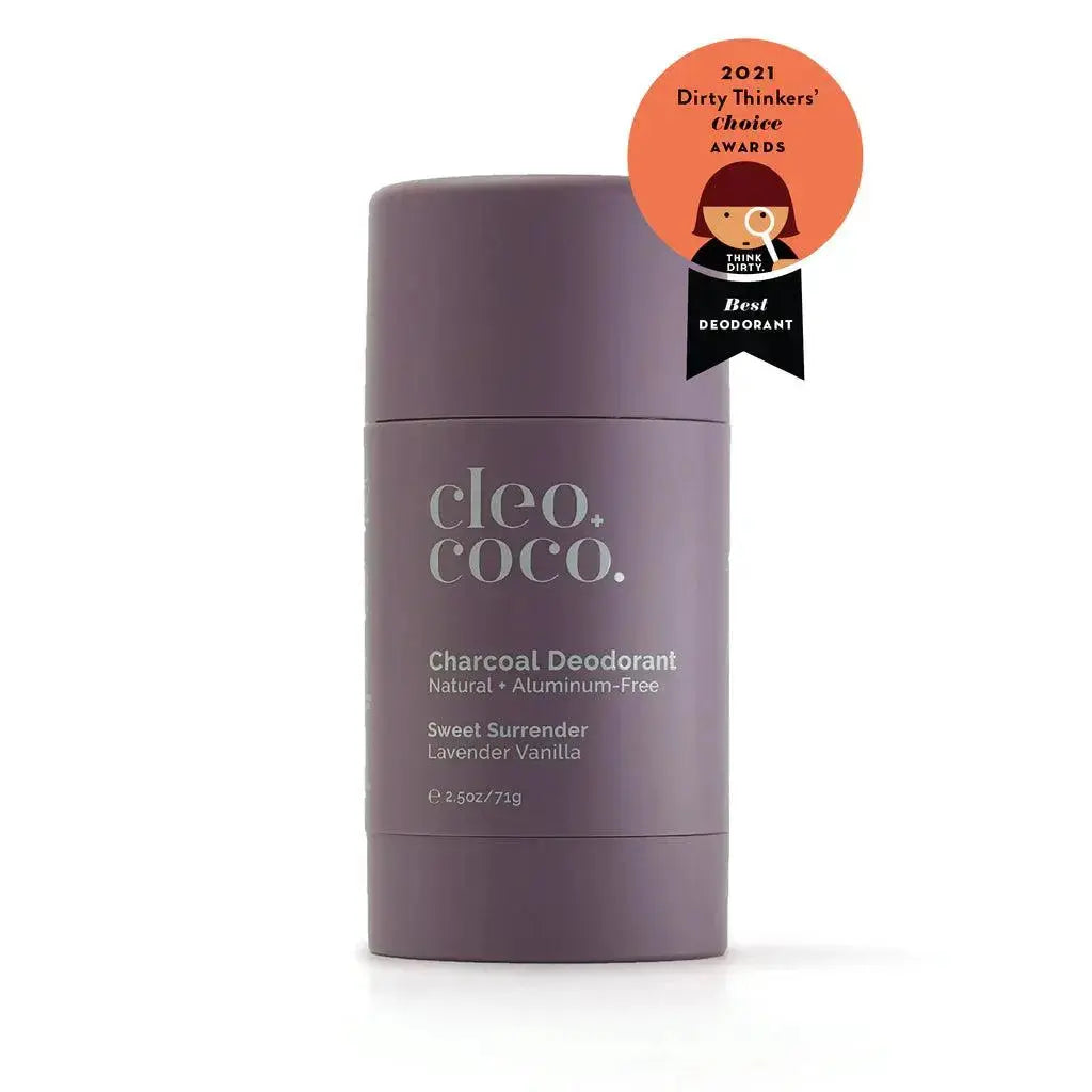 Cleo + Coco Natural Deodorant stick with lavender and vanilla scent, featuring floral and creamy packaging design.