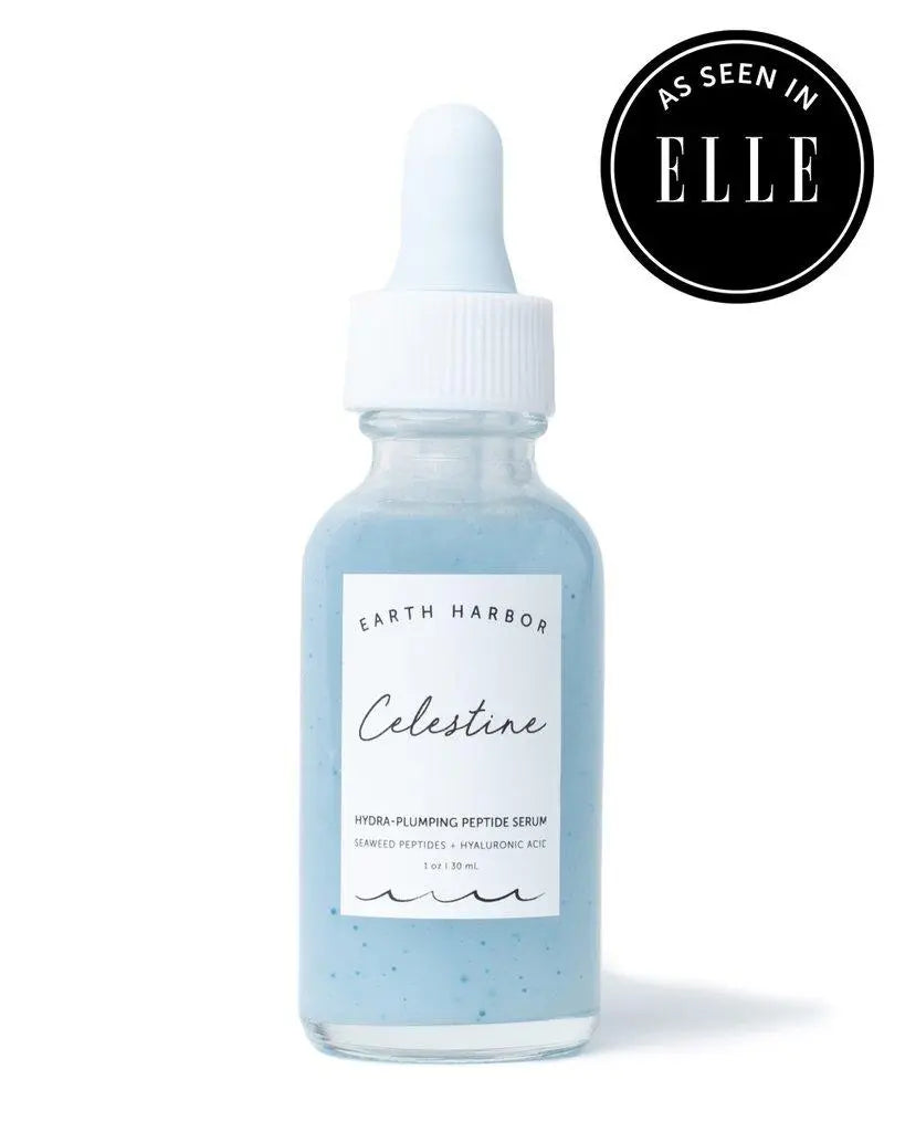 Earth Harbor Celestine Hydra-Peptide Firming Serum in a clear glass bottle, highlighting its skincare formulation.