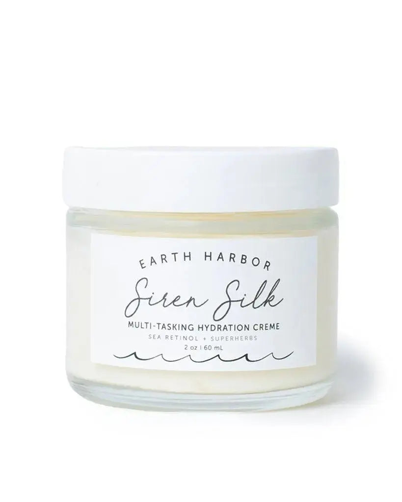 Earth Harbor Siren Silk Bio-Retinol Hydration Cream in a jar, showcasing its luxurious skincare formula for deep hydration.
