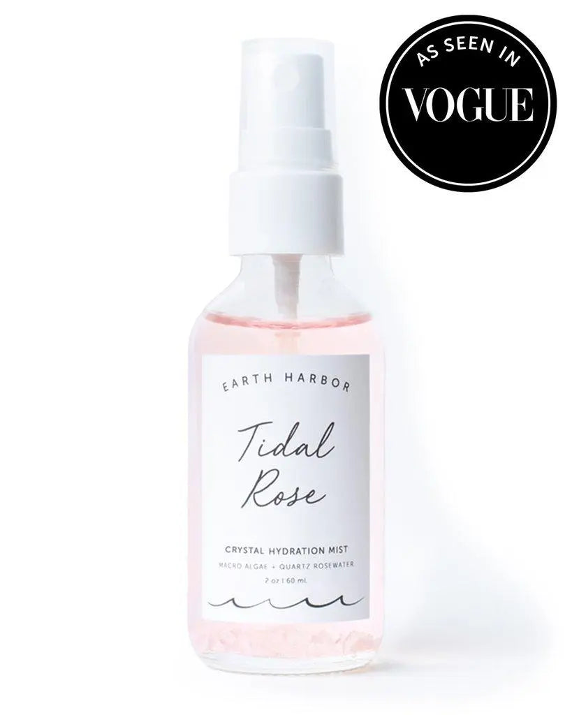 Earth Harbor Tidal Rose Seaweed Hydration Mist spray bottle with floral and seaweed imagery, showcasing skincare product for hydration.