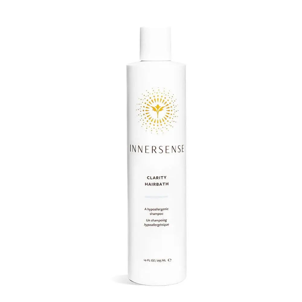 Innersense Organic Beauty Clarity Hairbath bottle with clear label, natural ingredients, and pump dispenser on a white background.
