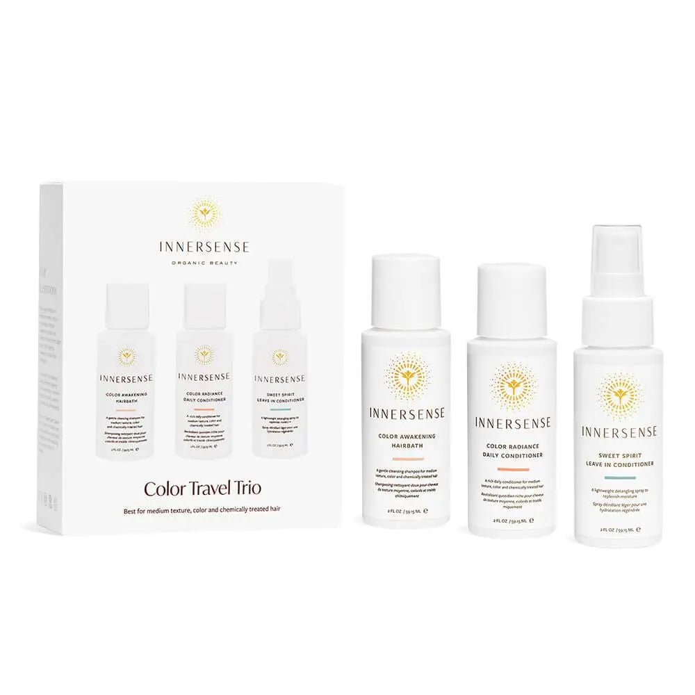 Innersense Organic Beauty Color Travel Trio hair set with shampoo, conditioner, and treatment bottles for color-treated hair.