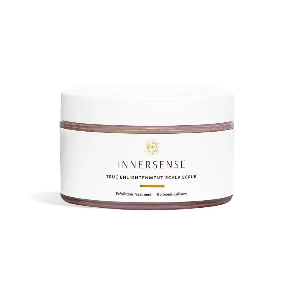 Innersense Organic Beauty True Enlightenment Scalp Scrub for haircare, showing the product jar and natural ingredients.