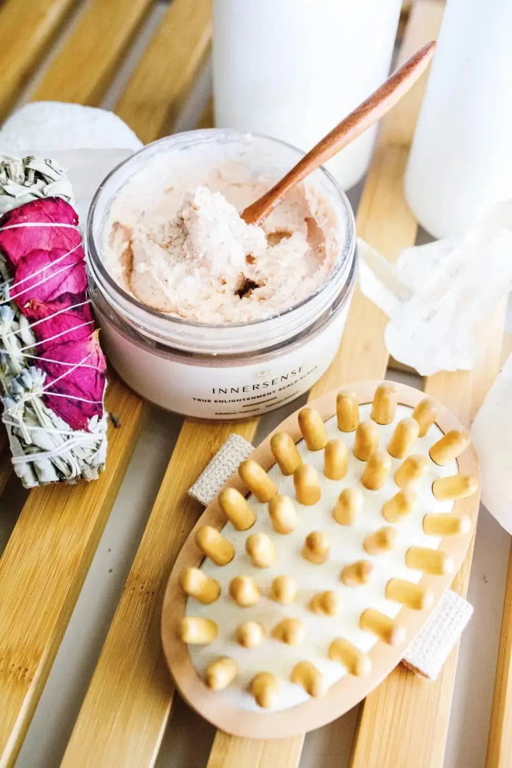 Innersense Organic Beauty True Enlightenment Scalp Scrub for haircare, showing the product jar with natural ingredients and label.