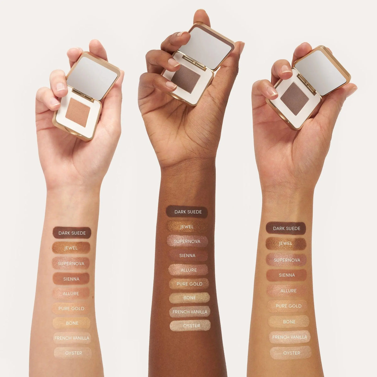 Jane Iredale PurePressed® Eye Shadow Single in Allure with soft, shimmery beige eyeshadow on a neutral background.
