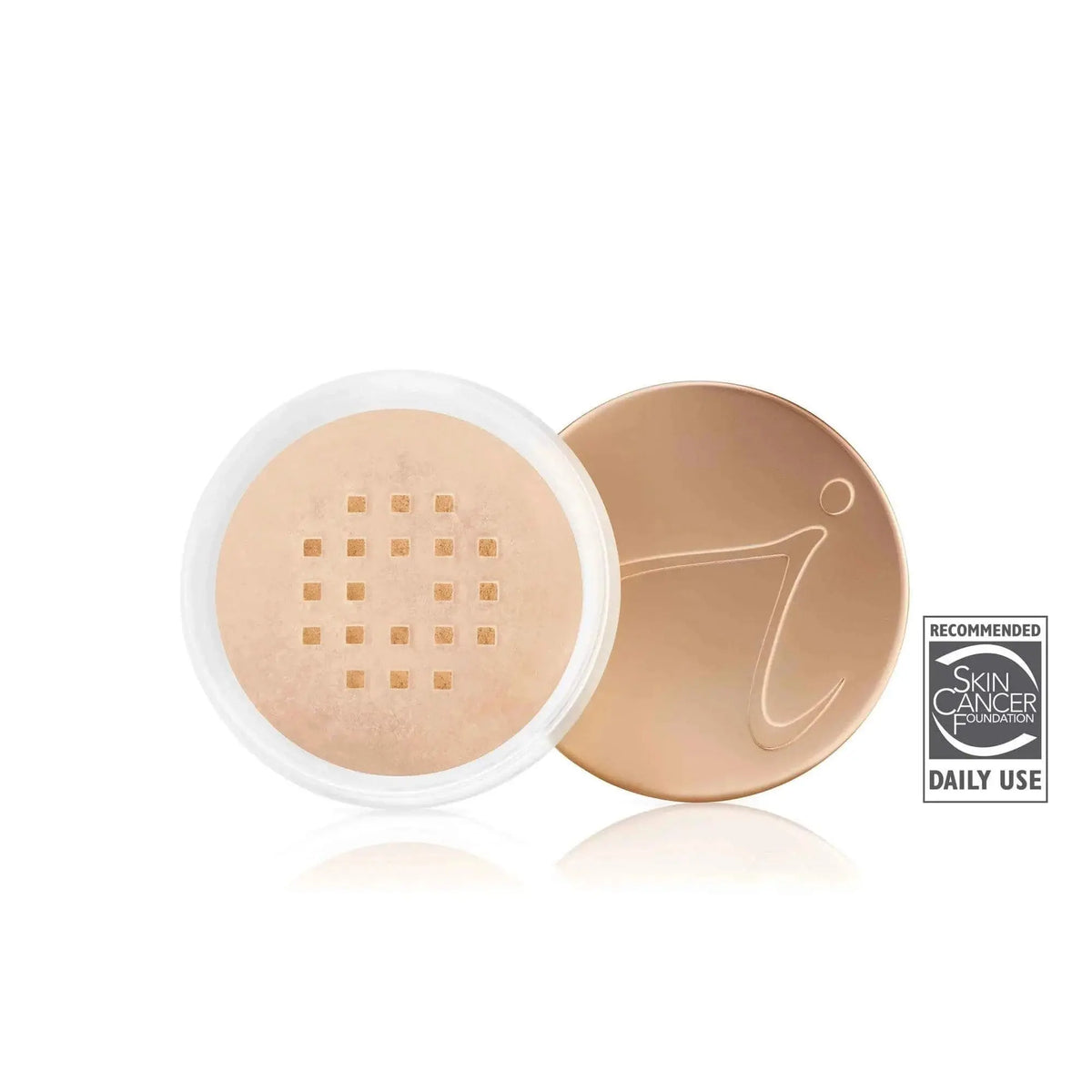Jane Iredale Amazing Base® loose mineral foundation powder with SPF 20/15, shown in shade Amber, with a fluffy brush for application.