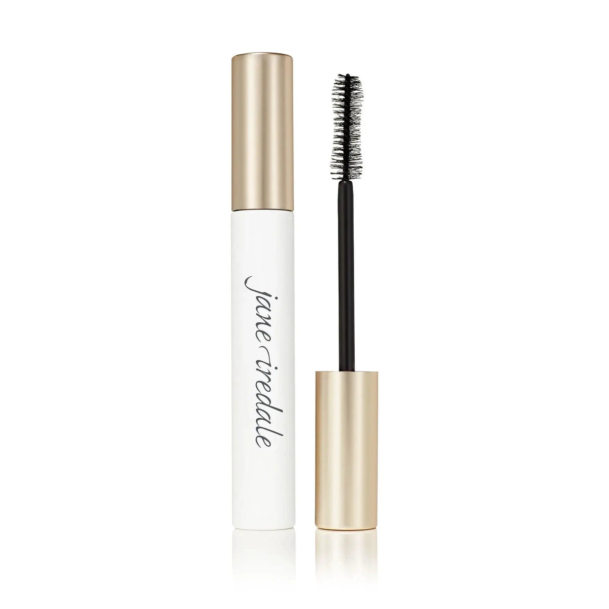 Jane Iredale Beyond Lash™ Volumizing Mascara in black, showcasing the mascara wand and brush with thick, voluminous lashes.