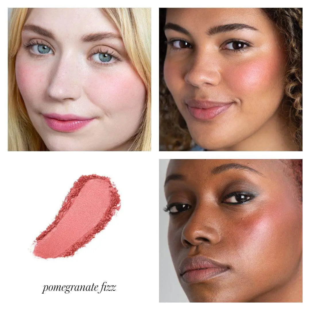 RMS Beauty ReDimension Hydra Blush in Sangria, a vibrant red blush with hydrating formula, displayed on a makeup palette.