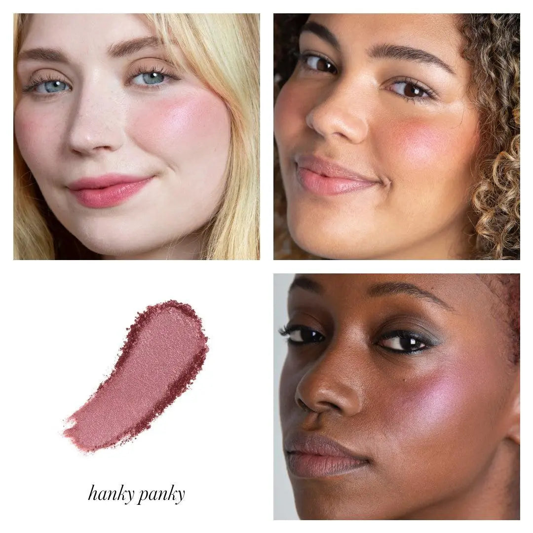 RMS Beauty ReDimension Hydra Blush in Sangria, a vibrant red blush with hydrating formula, displayed on a makeup palette.