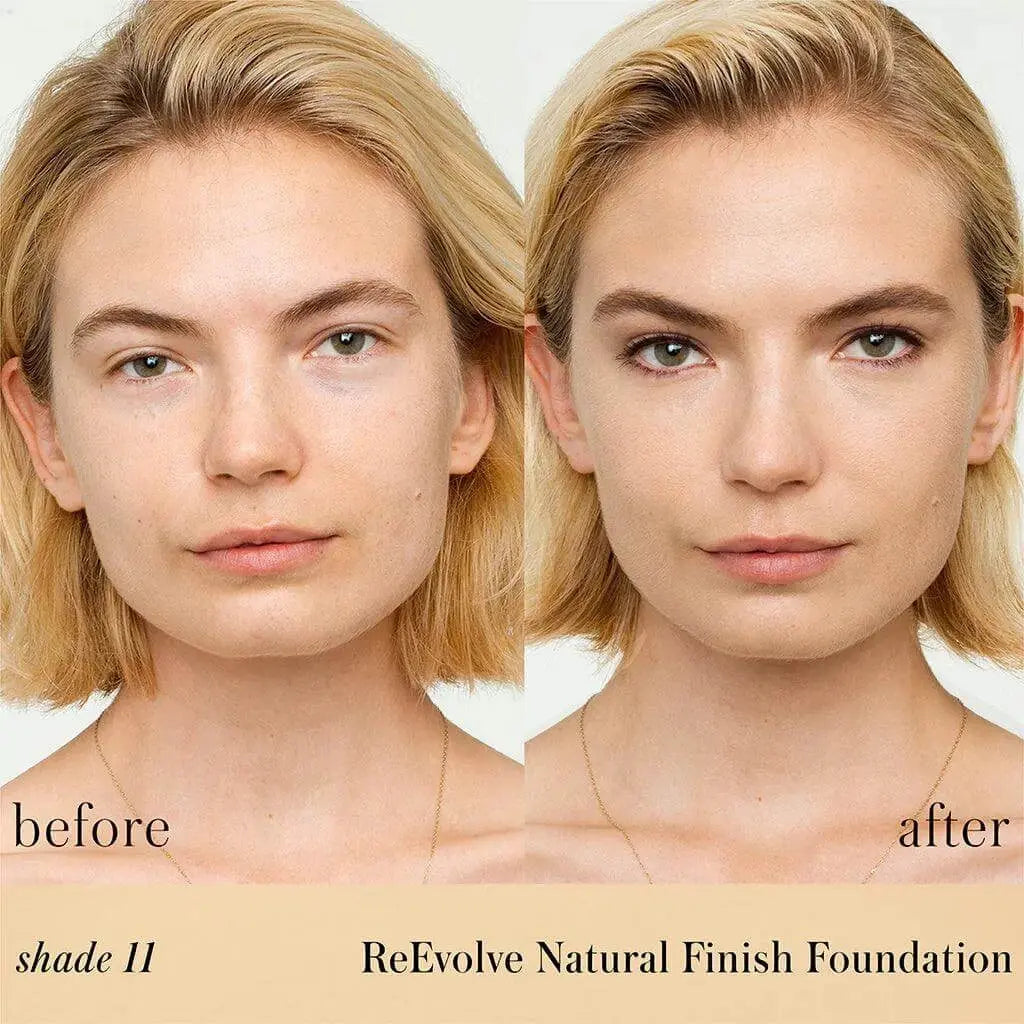 RMS Beauty ReEvolve™ Natural Finish Liquid Foundation in a sleek bottle, showcasing smooth, lightweight cosmetic liquid foundation.