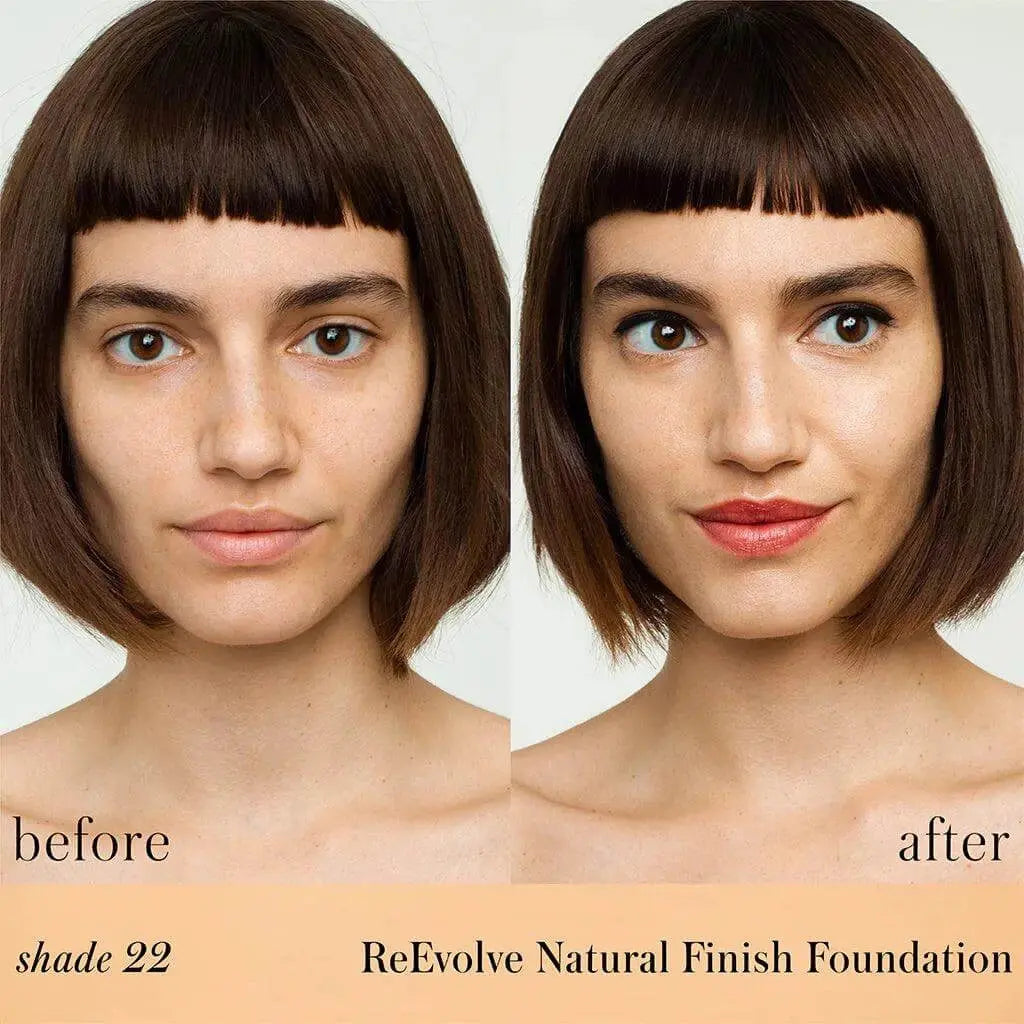 RMS Beauty ReEvolve Natural Finish Liquid Foundation in a sleek cosmetic bottle, showcasing a natural, dewy makeup look.