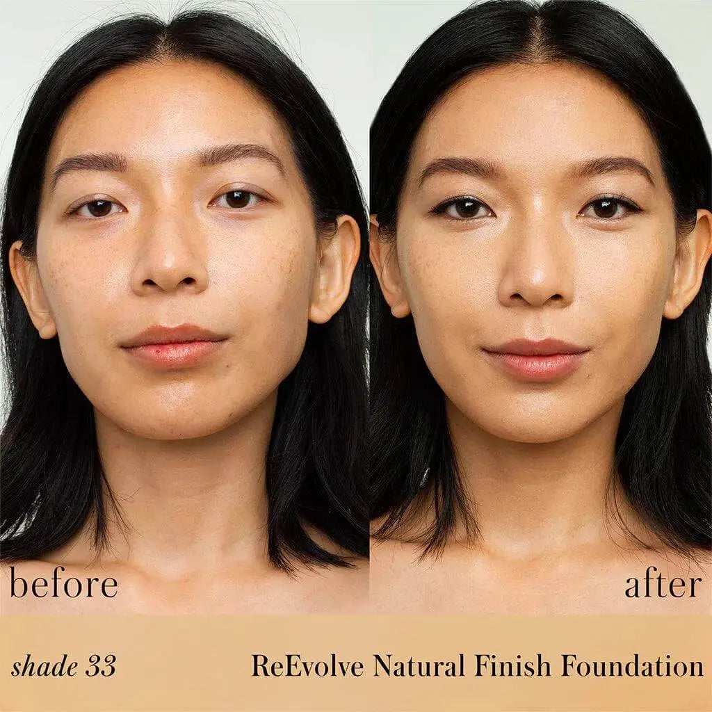 RMS Beauty ReEvolve Natural Finish Liquid Foundation in a sleek cosmetic bottle, showcasing smooth, natural-looking skin coverage.