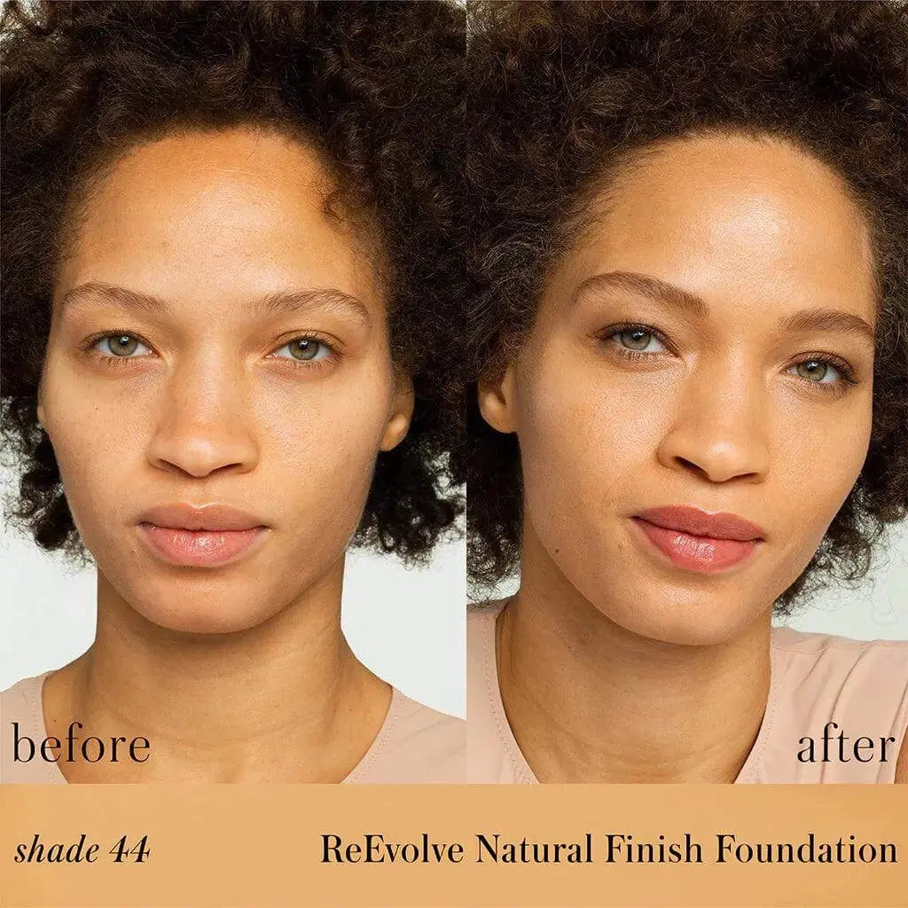 RMS Beauty ReEvolve Natural Finish Liquid Foundation in a sleek bottle, showcasing a smooth, lightweight cosmetic liquid for a natural look.