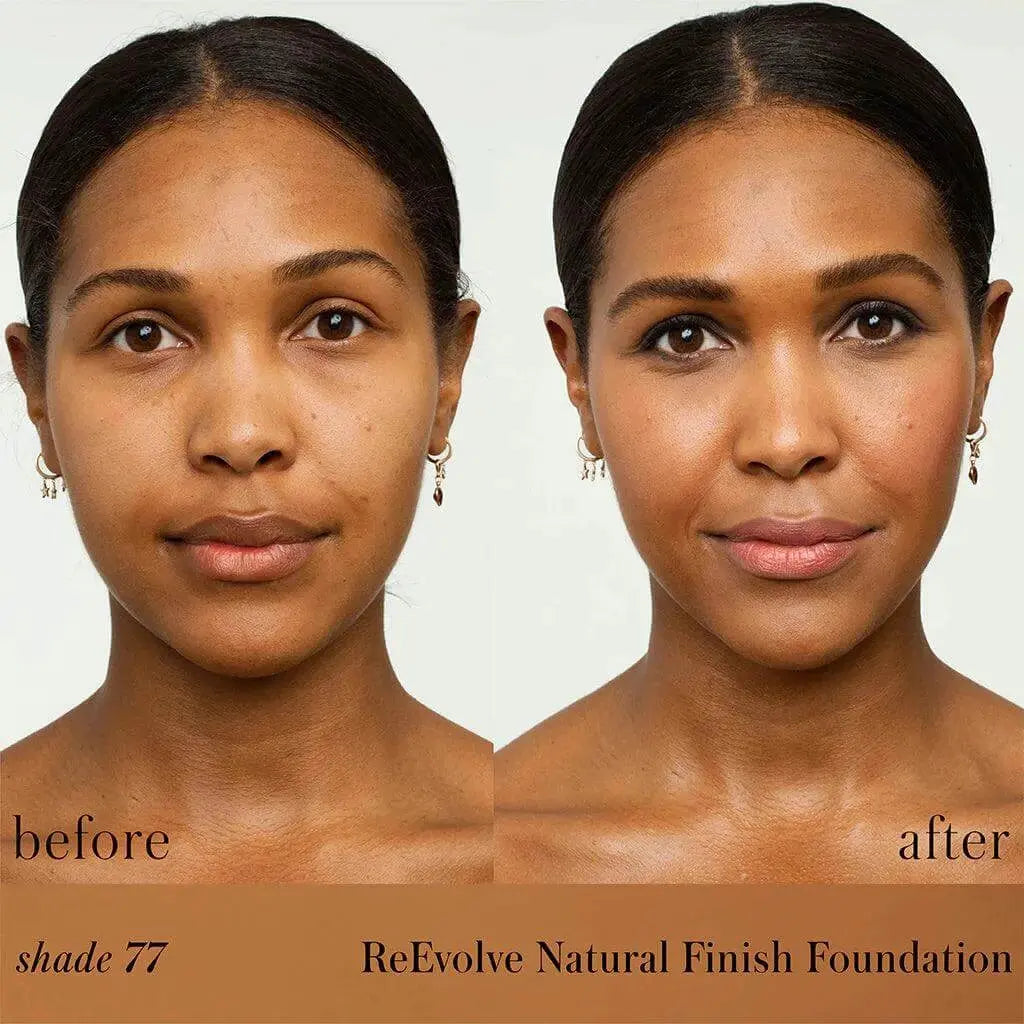 RMS Beauty ReEvolve Natural Finish Liquid Foundation in a sleek cosmetic bottle, showcasing the product's smooth, natural look.
