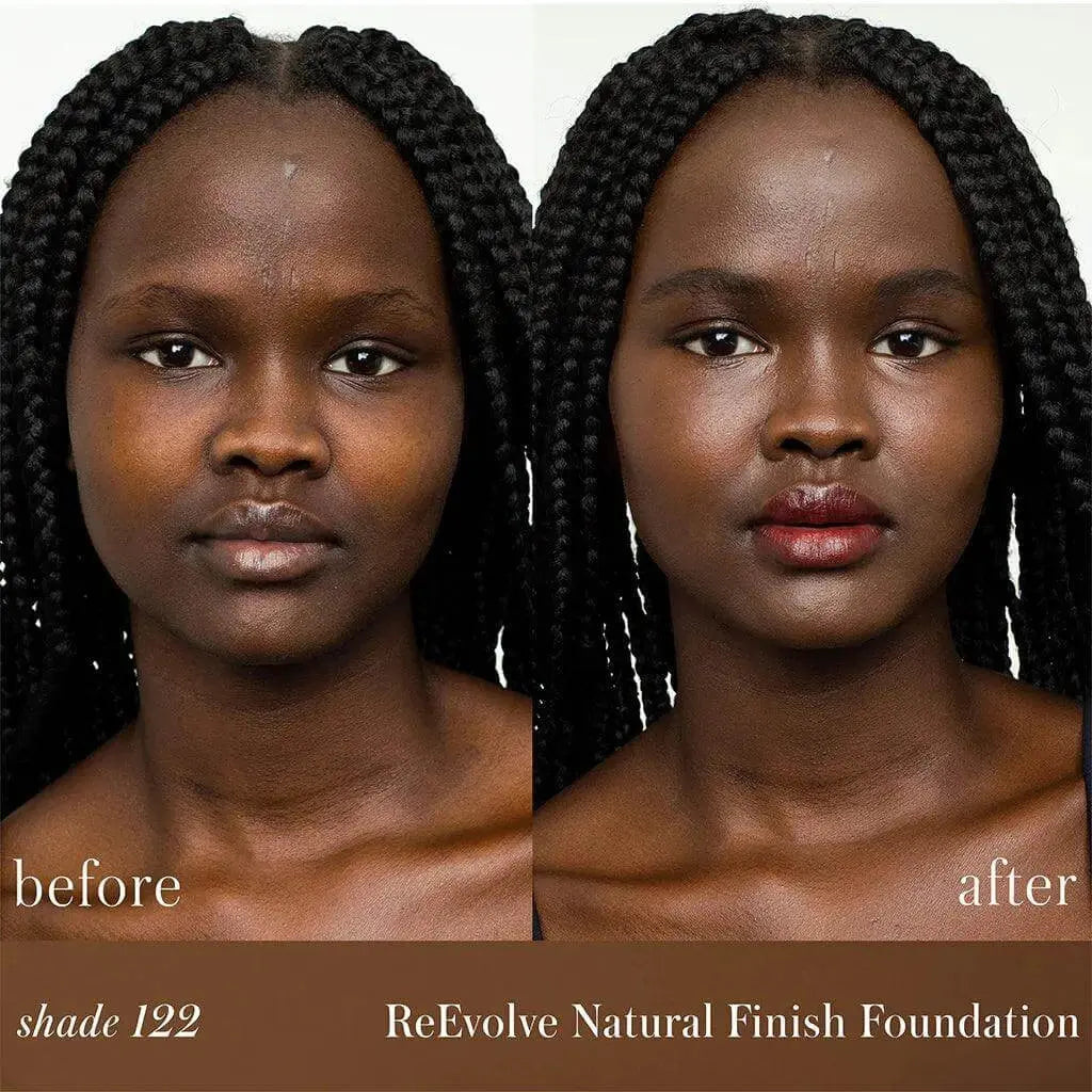 RMS Beauty ReEvolve Natural Finish Liquid Foundation in a sleek bottle, showcasing smooth, natural-looking complexion for cosmetics.