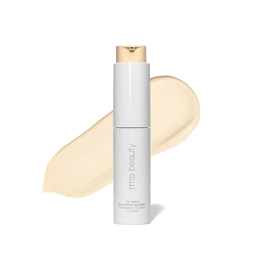RMS Beauty ReEvolve Natural Finish Liquid Foundation refill in a sleek cosmetic container with a clear label.