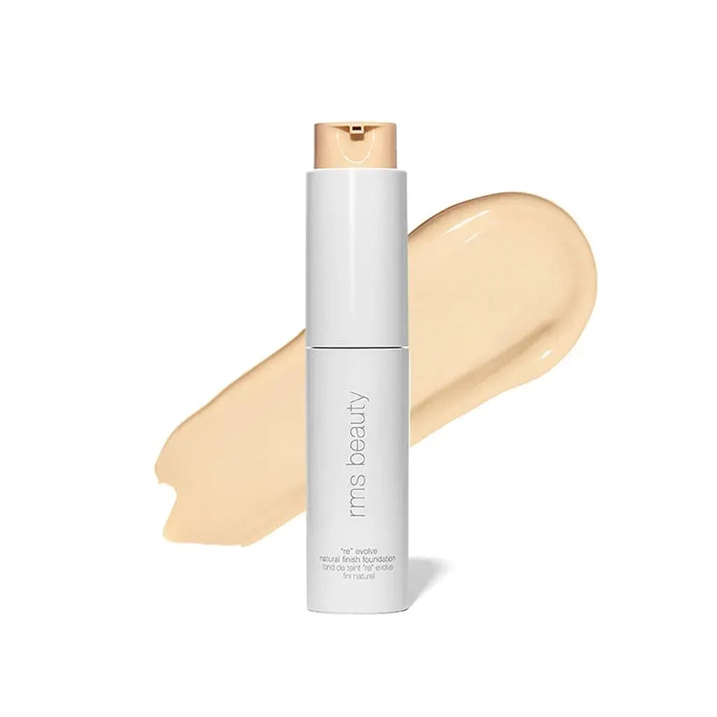 RMS Beauty ReEvolve Natural Finish Liquid Foundation refill, cosmetics bottle with sleek design and natural finish.