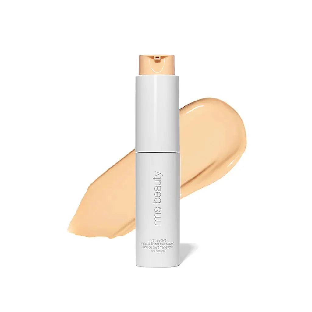 RMS Beauty ReEvolve Natural Finish Liquid Foundation refill in sleek packaging, showcasing the cosmetic product for a natural look.