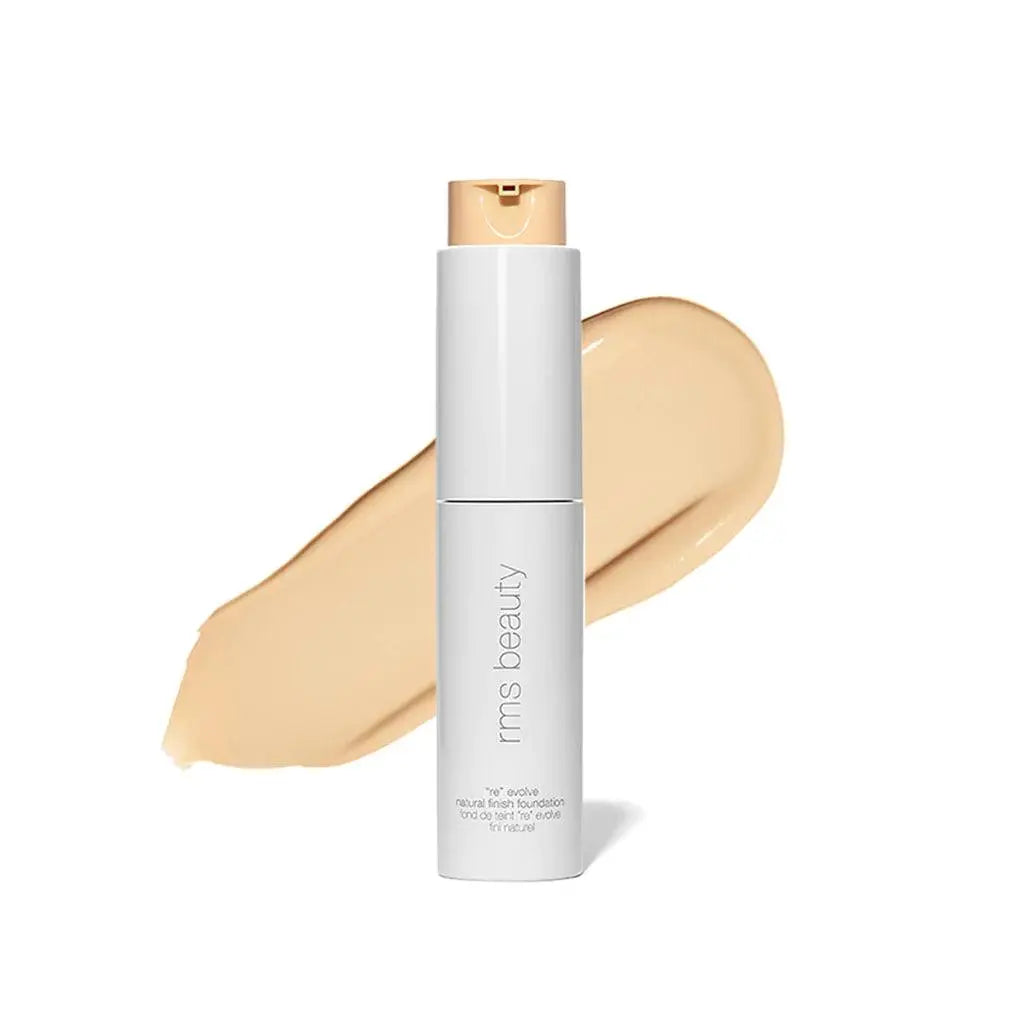 RMS Beauty ReEvolve Natural Finish Liquid Foundation refill in a sleek cosmetic container, showcasing a smooth, natural finish.
