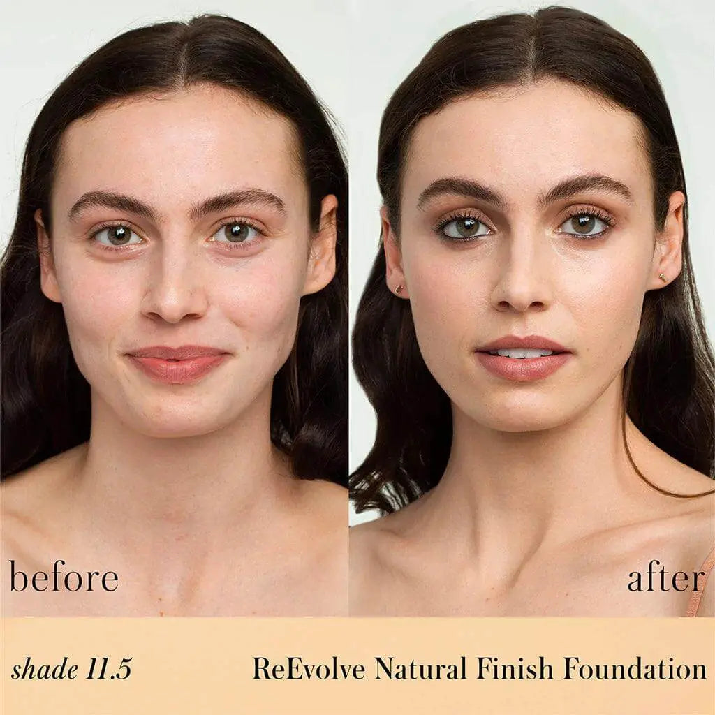 RMS Beauty ReEvolve™ Natural Finish Liquid Foundation refill in a sleek cosmetic container, showcasing its smooth, natural makeup finish.