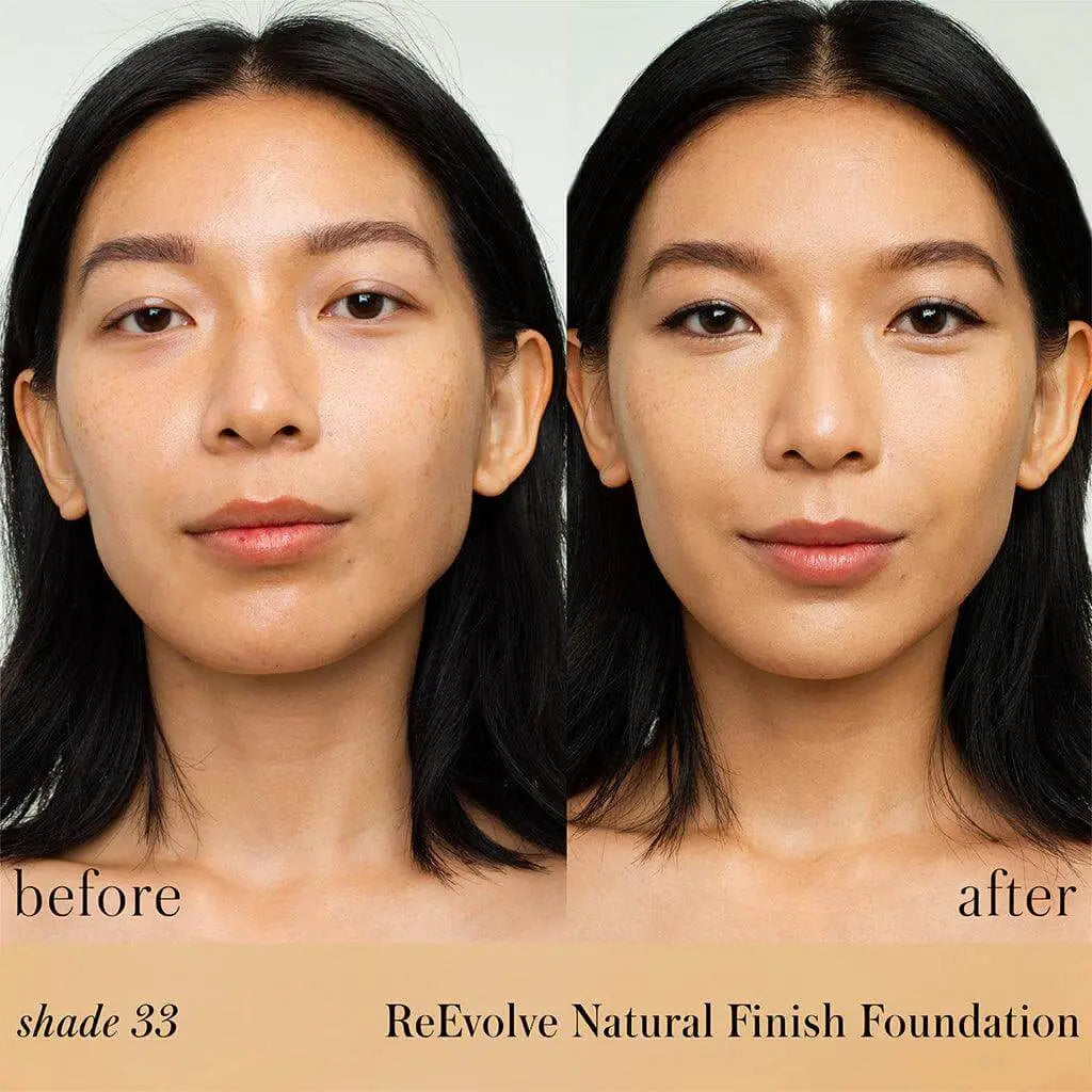 RMS Beauty ReEvolve™ Natural Finish Liquid Foundation refill in a sleek cosmetic container, showcasing its packaging and product label.