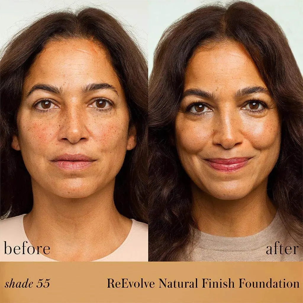 RMS Beauty ReEvolve Natural Finish Liquid Foundation refill in a sleek cosmetic container, showcasing a smooth, natural complexion.