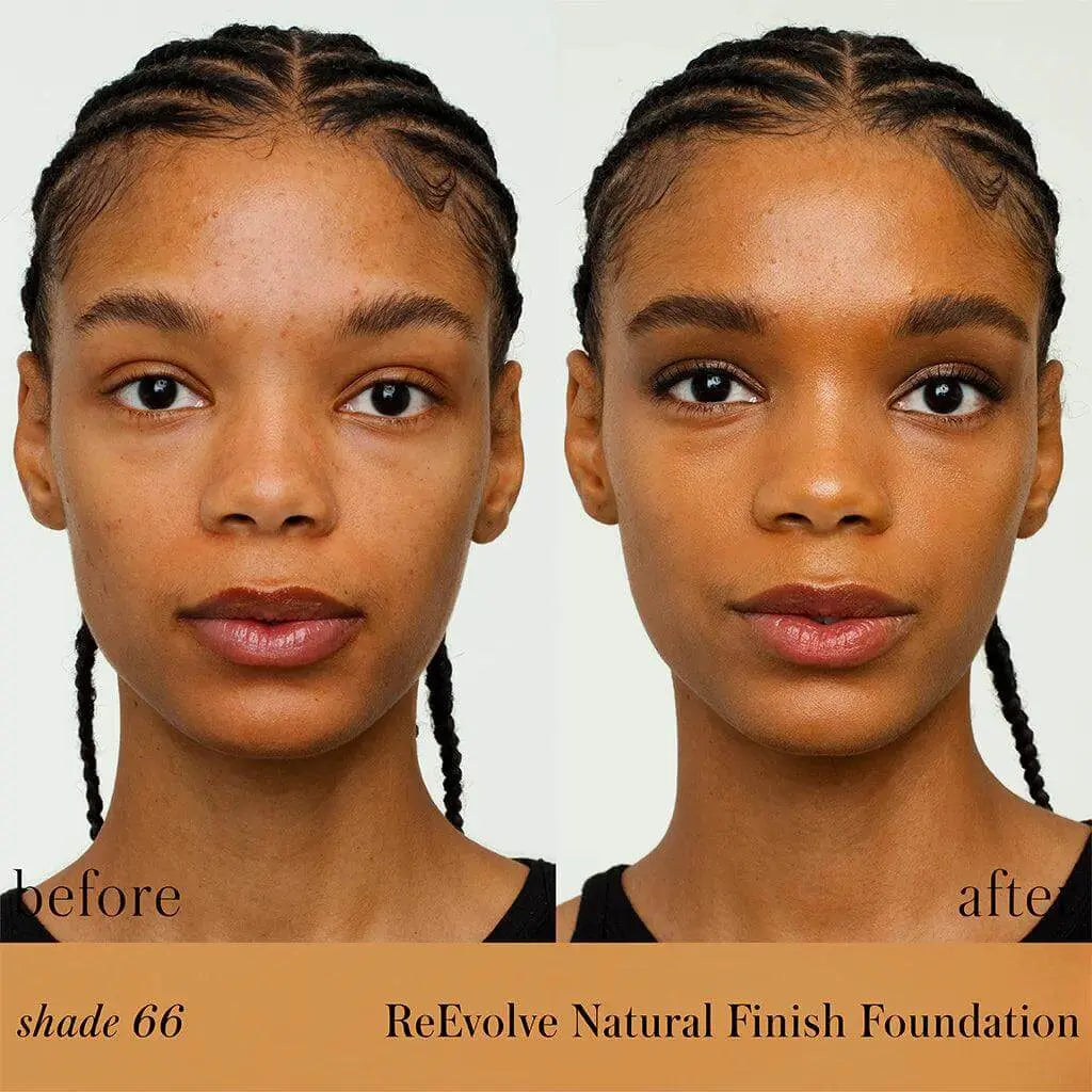 RMS Beauty ReEvolve Natural Finish Liquid Foundation refill in sleek cosmetic container, showcasing smooth, natural skin tone.