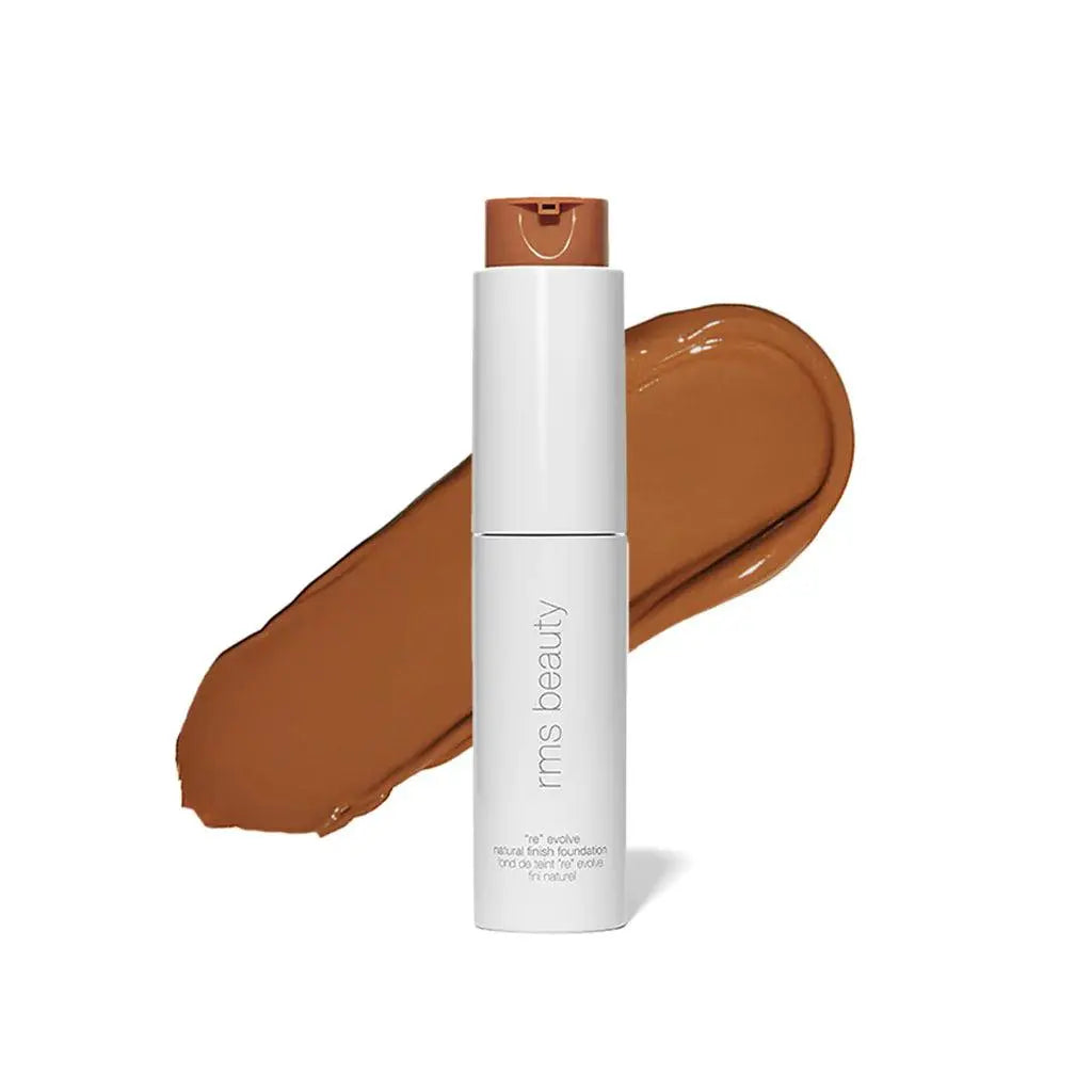 RMS Beauty ReEvolve Natural Finish Liquid Foundation refill in sleek cosmetic container, showcasing a smooth, natural-looking finish