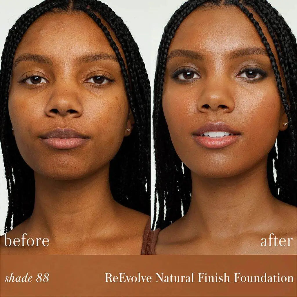RMS Beauty ReEvolve Natural Finish Liquid Foundation refill in a sleek cosmetic container, showcasing the product's smooth liquid texture.