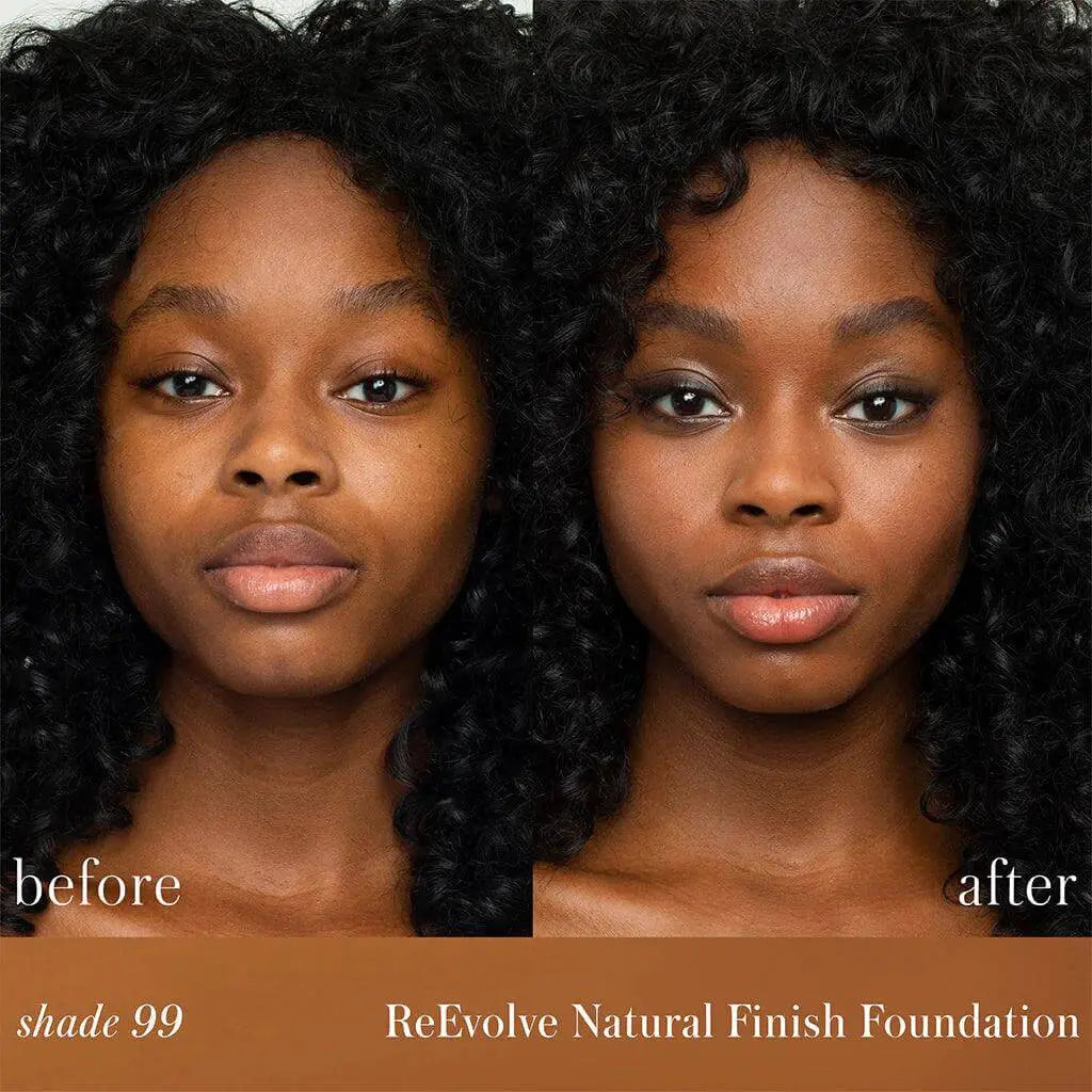 RMS Beauty ReEvolve Natural Finish Liquid Foundation refill, creamy cosmetics product in sleek packaging, ideal for natural makeup looks.