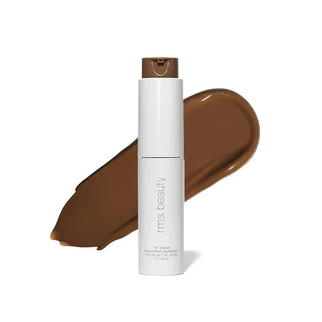 RMS Beauty ReEvolve Natural Finish Liquid Foundation refill in sleek cosmetic container, showcasing a smooth, natural-toned liquid foundation.