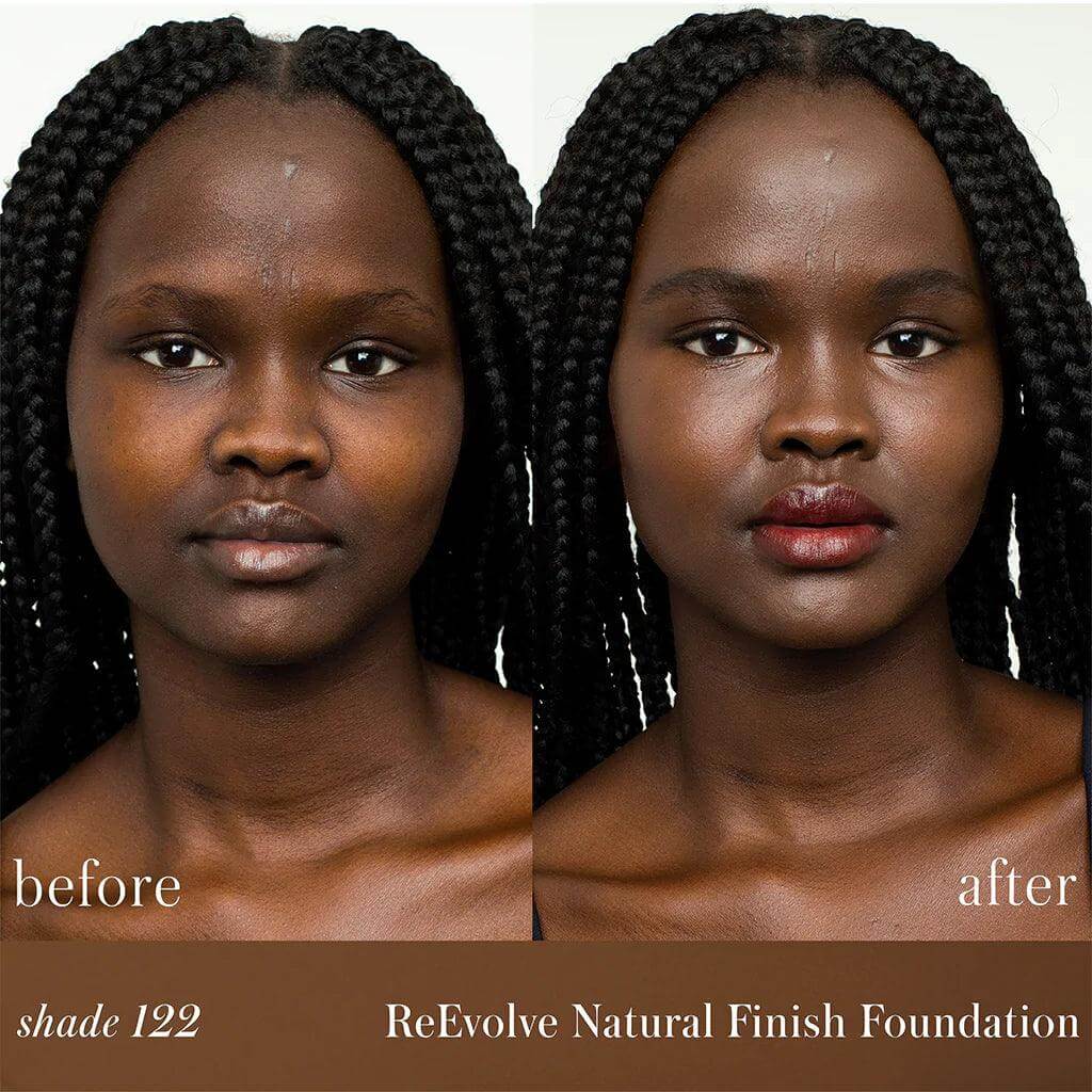 RMS Beauty ReEvolve Natural Finish Liquid Foundation refill in sleek container, showcasing smooth, natural-looking cosmetic finish