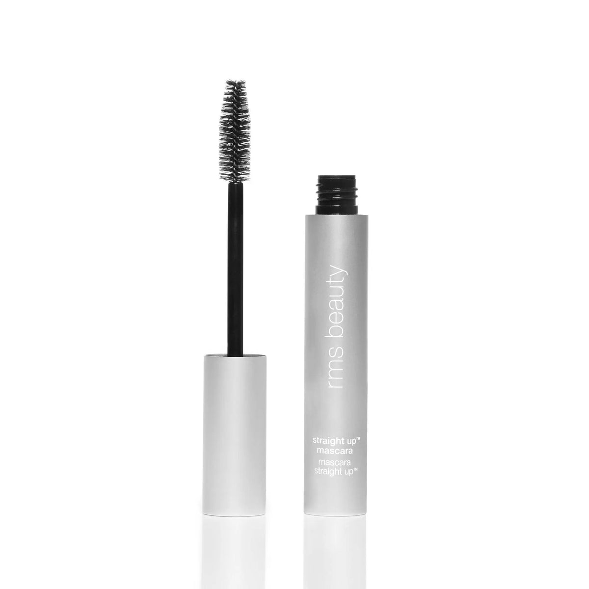 RMS Beauty Straight Up Volumizing Peptide Mascara showing the black mascara wand and container on a white background