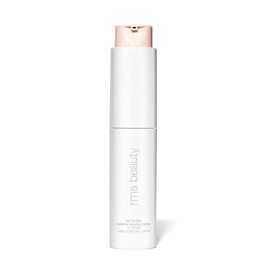 RMS Beauty Re-Evolve Radiance Locking Primer in a sleek cosmetic bottle, designed to enhance skin glow and improve makeup longevity.